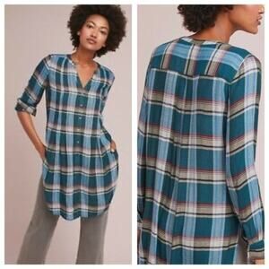 Akemi and Kin Lucie Green Plaid Button Front Long Sleeve Tunic Dress Size Small